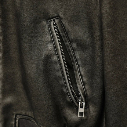 Zoe Vintage Washed Leather Bomber with Zip Pockets and Contrast Ribbed Trim