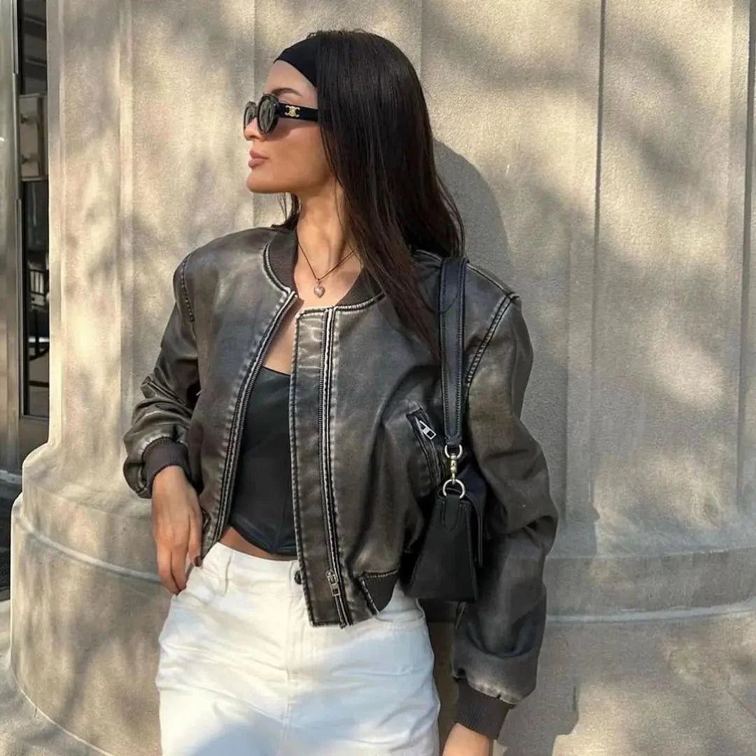 Zoe Vintage Washed Leather Bomber with Zip Pockets and Contrast Ribbed Trim