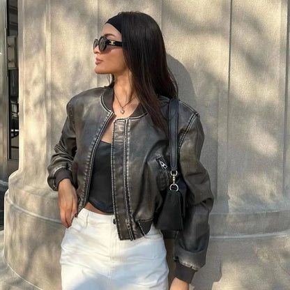 Zoe Vintage Washed Leather Bomber with Zip Pockets and Contrast Ribbed Trim