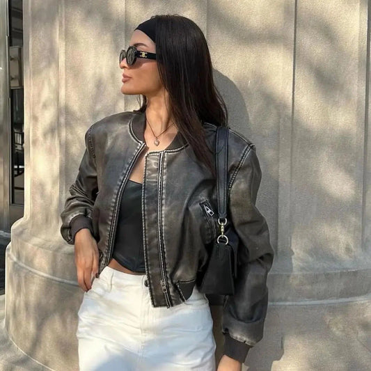 Zoe Vintage Washed Leather Bomber with Zip Pockets and Contrast Ribbed Trim