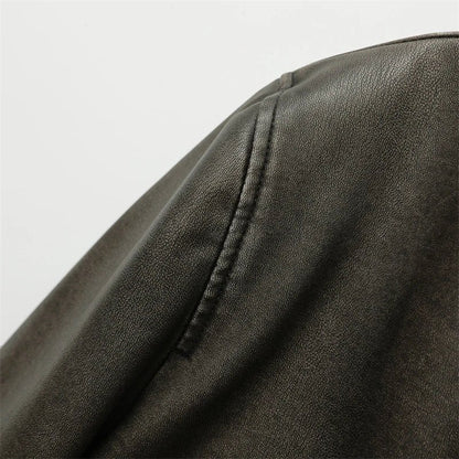 Zoe Vintage Washed Leather Bomber with Zip Pockets and Contrast Ribbed Trim