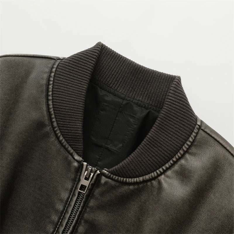 Zoe Vintage Washed Leather Bomber with Zip Pockets and Contrast Ribbed Trim