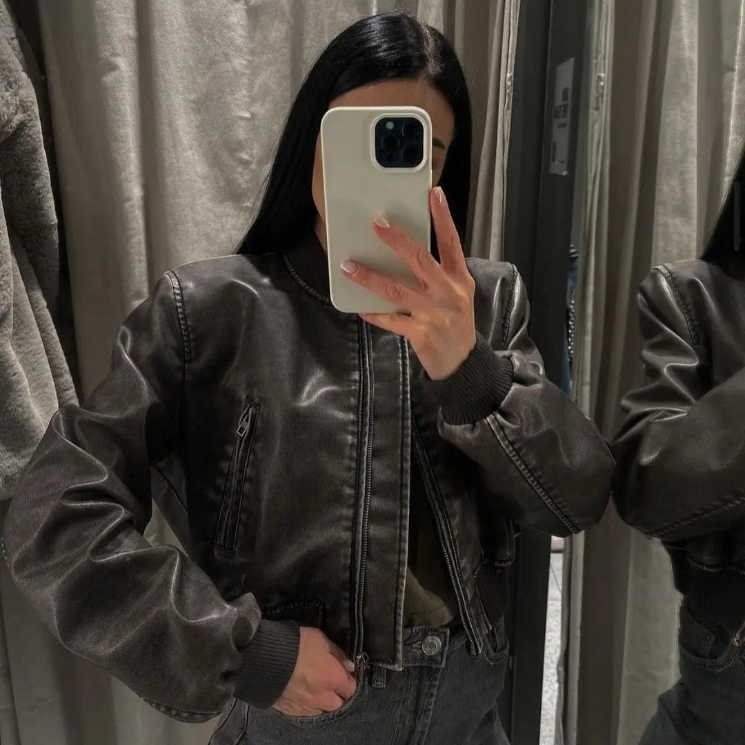 Zoe Vintage Washed Leather Bomber with Zip Pockets and Contrast Ribbed Trim