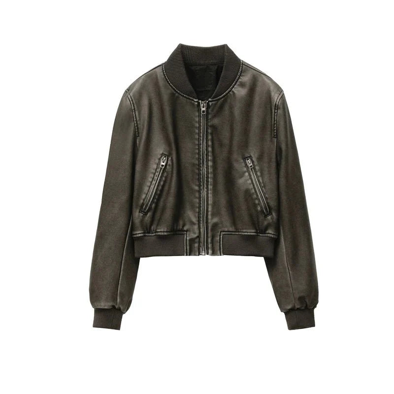 Zoe Vintage Washed Leather Bomber with Zip Pockets and Contrast Ribbed Trim
