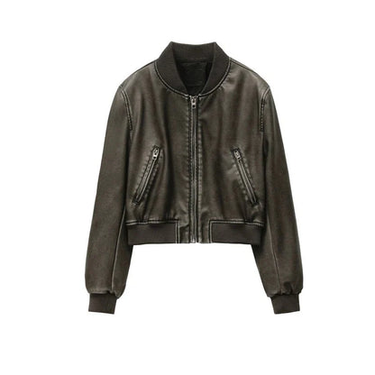 Zoe Vintage Washed Leather Bomber with Zip Pockets and Contrast Ribbed Trim