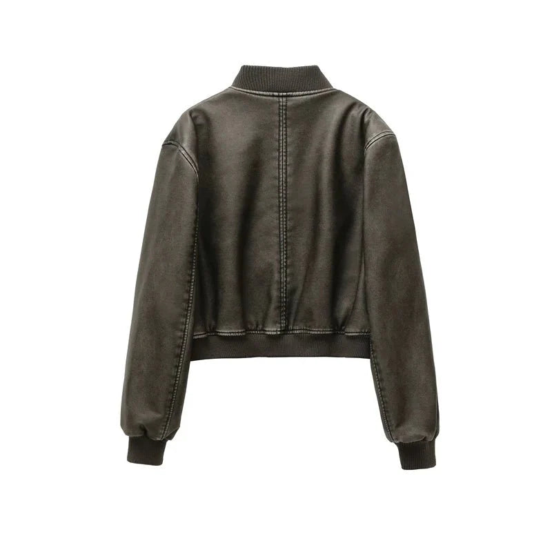 Zoe Vintage Washed Leather Bomber with Zip Pockets and Contrast Ribbed Trim