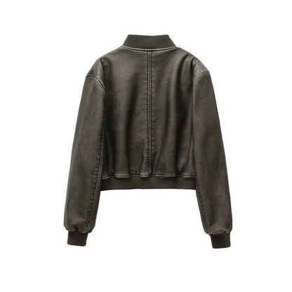 Zoe Vintage Washed Leather Bomber with Zip Pockets and Contrast Ribbed Trim